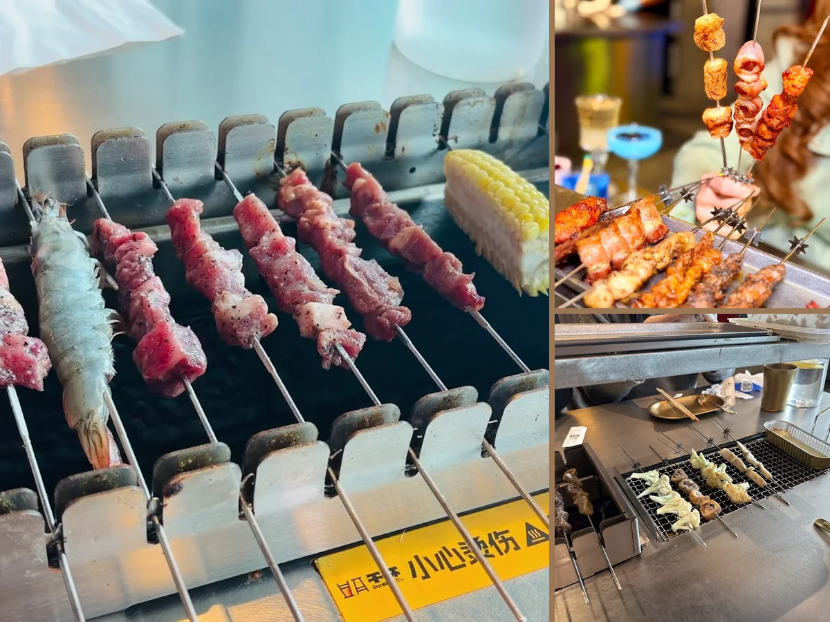 Plates of grilled food on a restaurant table.